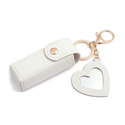 White PU Leather Lipstick Storage Bags, Portable Lip Balm Organizer Holder for Women Ladies, with Light Gold Tone Alloy Keychain and Mirror, Heart, White, 9x2.5cm