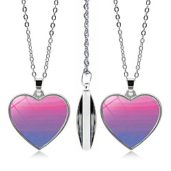 Purple Pride Rainbow Flag Glass Heart Pendant Necklace, with Alloy Cable Chains, Purple, 17.72 inch(45cm)