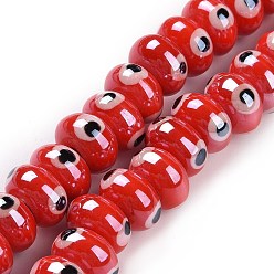 Red Handmade Procelain Beads Strands, Abacus with Evil Eyes, Red, 8.5x5mm, Hole: 1.5mm, about 55pcs/strand, 11.57''(29.4cm)