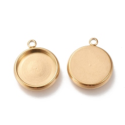 Golden Ion Plating(IP) 304 Stainless Steel Pendant Cabochon Settings, Flat Round, Golden, Tray: 12mm, 17x15x3mm, Hole: 1.8mm
