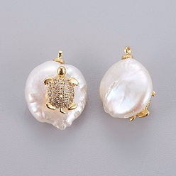 Golden Natural Cultured Freshwater Pearl Pendants, with Brass Micro Pave Cubic Zirconia Cabochons, Nuggets with Tortoise, Clear, Golden, 14~28x12~22x5~12mm, Hole: 1.2mm