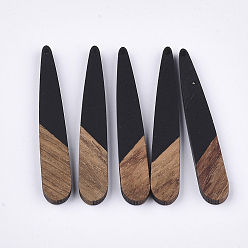Black Resin & Walnut Wood Pendants, Teardrop, Black, 44x7.5x3mm, Hole: 1.2mm