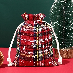 Red Christmas Themed Burlap Drawstring Bags, Rectangle Tartan Pouches for Christmas Party Supplies, Red, 14x10cm