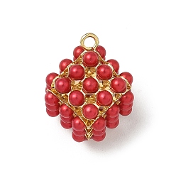 Красный Подвески из искусственного жемчуга, квадратный, с золотой латуни нахождения, ионное покрытие (ip), долговечный, без свинца и без кадмия, красные, 20.5x16x15 мм, отверстие : 2 мм