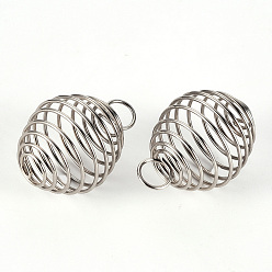 Stainless Steel Color 304 Stainless Steel Wire Pendant, Spiral Bead Cage Pendants, Stainless Steel Color, 29x20.5x20.5mm, Hole: 6mm