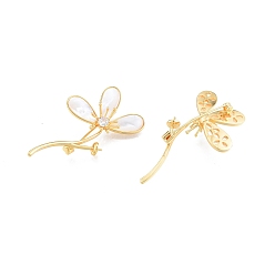 Real 18K Gold Plated Brass Brooch Findings, Lapel Pin Findings with Shell and Glass, for Half Drilled Beads, Flower, Real 18K Gold Plated, 61x34x14mm, Pin: 1mm