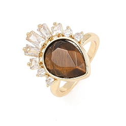 Tigerauge Fingerringe aus Messing mit natürlichem Tigerauge, Träne, Zirkonia Fingerringe, golden, us Größe 7 1/4 (17.5 mm)