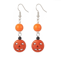 Orange Red Halloween Pumpkin Jack-O'-Lantern Synthetic Turquoise Dangle Earring, Acrylic Bead Earring for Women, Orange Red, 56mm