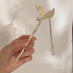 Golden half-faced pearl fish tail hairpin Заколка-кисточка с хвостом русалки, жемчугом и стразами для прически ханьфу