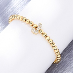 Letter J Латунные круглые бусины эластичные браслеты, Подвеска в виде буквы из латуни с микропаве из прозрачного кубического циркония для женщин, без свинца и без кадмия, стойки покрытие, реальный 18 k позолоченный, буква J, внутренний диаметр: 2~2-1/8 дюйм (5~5.5 см)