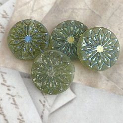 Olive Drab Czech Glass Beads, Flat Round with Flower, Olive Drab, 18mm