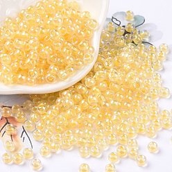 Gold 6/0 Glass Seed Beads, Inside Colours, Round, Transparent Colours Rainbow, Gold, 4x3mm, Hole: 1.2mm, about 6925pcs/pound