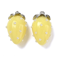 Amarillo Colgantes de la resina, encanto de fresa, con la aleación, Platino, amarillo, 29x17.5x16 mm, agujero: 1.5 mm