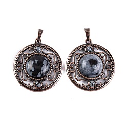 Снежный Обсидиан Естественно снежинка обсидиана подвески, покрытие стойки латунные полые плоские круглые подвески, без кадмия и без свинца, Красная медь, 36.5x33x9.5 мм, отверстие : 7.5x5 мм