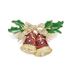 Golden Colorful Enamel Christmas Bell Brooch with Crystal Rhinestone, Alloy Badge for Backpack Clothes, Golden, 42x66x12.5mm