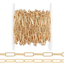 Настоящее золото 18K Паяные латунные цепочки для скрепок, Плоско-овальные, тянутые удлиненные кабельные цепи, долговечный, с катушкой, реальный 18 k позолоченный, 10x3.6x1.1 мм, около 16.4 футов (5 м) / рулон
