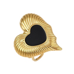 Черный Сердце 304 эмалированные перстни из нержавеющей стали для женщин, ионное покрытие (ip), реальный 18 k позолоченный, чёрные, Сердце: 27x24 mm, размер США 6 (16.5 мм)