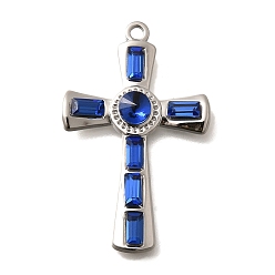 Сапфир 304 подвески из нержавеющей стали, со стразами, цвет нержавеющей стали, крестик, сапфир, 37.5x23.5x4.5 мм, отверстие : 2 мм