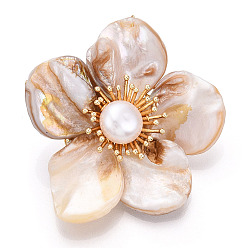 Real 14K Gold Plated Natural Shell & Pearl Flower Brooches for Women, with Brass Branch, Real 14K Gold Plated, 43.5~47.5x43.5~50x17~20mm