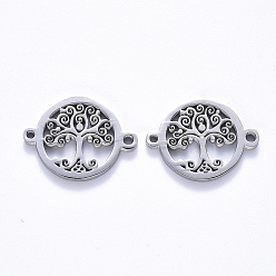 Stainless Steel Color 201 Stainless Steel Links Connectors, Laser Cut, Flat Round with Tree of Life, Stainless Steel Color, 15x20x1.5mm, Hole: 1.2mm