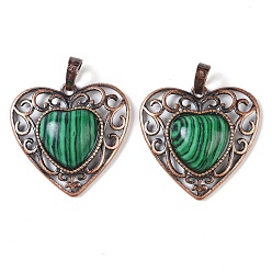 Малахит Подвески в форме сердца из синтетического малахита в форме персика, стойки покрытие латунь полые прелести сердца, без кадмия и без свинца, Красная медь, 29.5x30.5x7.5 мм, отверстие : 7.5x5 мм