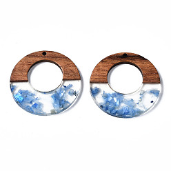Dodger Blue Transparent Resin & Walnut Wood Pendants, with Shell Chips, Two Tone, Donut, Dodger Blue, 38x3mm, Hole: 2mm