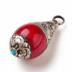 Dark Red Tibetan Style Pendants, with Synthetic Turquoise, Synthetic Coral, Imitation Beeswax and Brass Findings, teardrop, Dark Red, 32~34x14~15.5mm, Hole: 4mm