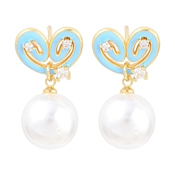 Небесно-голубой Серьги-гвоздики из латуни с прозрачными кубическими циркониями ко Дню святого Валентина, с абс пластиком имитация жемчуга и эмали, без кадмия и без свинца, долговечный, стойки покрытие, реальный 18 k позолоченный, голубой, 26x13.5 мм