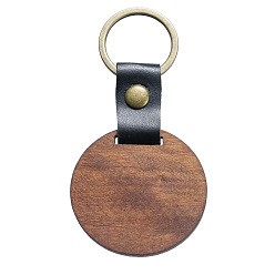Flat Round Imitation Leather & Wood Keychain, with Iron Findings, Flat Round, 100x54mm