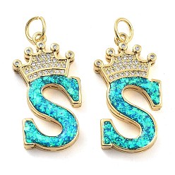 Letter S Латунные микропаве прозрачные подвески с фианитом, с синтетическим опалом, реальный 18 k позолоченный, с целью перехода в кольце, Письмо с, 26.5~33x14~23.5x3.5~4.5 мм, отверстие : 4.5 мм