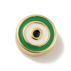 Green Brass Beads, with Enamel, Cadmium Free & Lead Free, Long-Lasting Plated, Flat Round with Evil Eye, Real 18K Gold Plated , Green, 10x4mm, Hole: 1.2mm