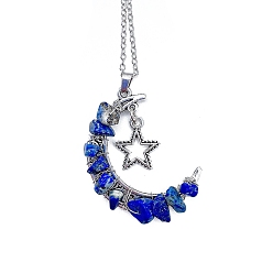 Lapis Lazuli Natural Lapis Lazuli Chips Moon with Alloy Star Pendant Necklaces, with Stainless Steel Chains, 18.90~19.69 inch(48~50cm)
