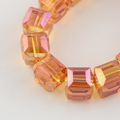 Dark Orange Electroplate Glass Bead Strands, Faceted, Cube, Dark Orange, 6x6x6mm, Hole: 1mm, about 100pcs/strand, 21.6 inch