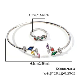 Разноцветный Модные комплекты из латунных браслетов и колец с кубическим цирконием в форме листьев для повседневной носки, платина, красочный