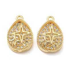 Real 18K Gold Plated Brass Micro Pave Cubic Zirconia Pendant, Oval with Star, Real 18K Gold Plated, 15x10x4.5mm, Hole: 1.2mm
