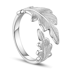 Platinum SHEGRACE Rhodium Plated 925 Sterling Silver Cuff Rings, Open Rings, with Leaves, Size 8, Platinum, 18mmPacking Size: 53x53x37mm