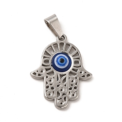 Stainless Steel Color 304 Stainless Steel Pendants, Hamsa Hand/Hand of Miriam Charms with Resin Blue Evil Eye, Religion, Stainless Steel Color, 25x20x4.5mm, Hole: 6x3.5mm