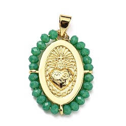 Sea Green Brass with Glass Pendants, Cadmium Free & Lead Free, Real 18K Gold Plated, Oval with Heart Pattern, Sea Green, 25~26x19~19.5x3~3.5mm, Hole: 3x3.5mm