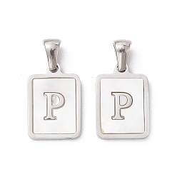 Letter P 304 Stainless Steel Pave Shell Pendants, Rectangle Charm, Stainless Steel Color, Letter P, 17.5x12x1.5mm, Hole: 3x5mm