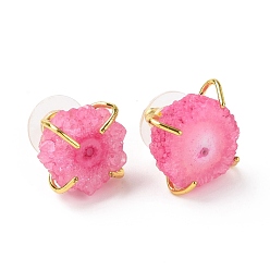 Pearl Pink Natural Agate Irregular Druzy Stud Earrings, Golden Plated Brass Jewelry for Women, Cadmium Free & Lead Free, Pearl Pink, 13.5x12mm, Pin: 0.7mm