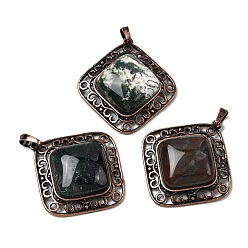 (RRHB277) Кристалл на подкладке из медово-бежевого цвета Подвески в форме ромба из натурального индийского агата, с винтажной латунной рамкой красного медного оттенка, 39x36.5x7~8 мм, отверстие : 8.5x5 мм