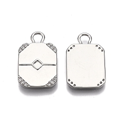 Real Platinum Plated Ion Plating(IP) Brass Micro Pave Clear Cubic Zirconia Pendant Cabochon Settings, Nickel Free, Rectangle, Real Platinum Plated, Tray: 3x3mm, 24.5x16x1.5mm, Hole: 3.5x4.3mm