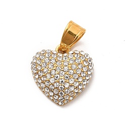 Golden 304 Stainless Steel Pendants, with Crystal Rhinestone, Heart Charms, Golden, 18x18x5.5mm, Hole: 7.5x4.5mm