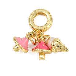 Гриб Латунные эмалированные европейские подвески с подвесками, Подвески с большими отверстиями, реальный 18 k позолоченный, стойки покрытие, долговечный, без кадмия и без свинца, розовые, грибы и мороженое, 25 мм, отверстие : 5.5 мм