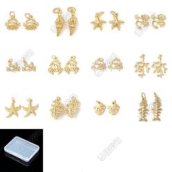 Mixed Shapes 12 pcs 12 styles pendentifs en laiton, breloques animaux marins, sans cadmium et sans plomb, crémaillère plaquage, plaqué longue durée, avec anneau de saut, formes mixtes, 10.5~17.5x11~16.5x3~3.5mm, Trou: 3~3.5mm, 1 pcs / style