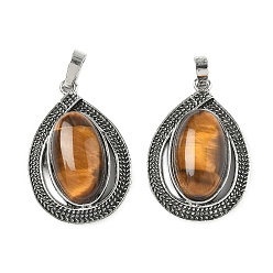 Тигровый глаз Природных тигровый глаз подвески, подвески из сплава, без свинца и без кадмия, старинное серебро и платина, 30x20.5x7 мм, отверстие : 7x4 мм