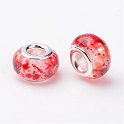 Red Resin European Beads, Large Hole Rondelle Beads, with Brass Cores, Silver, Red, 14x9mm, Hole: 4.5mm