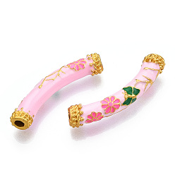 Pearl Pink Pack Plating Alloy Enamel Beads, Matte Gold Color, Curved Tube with Flower, Pearl Pink, 9.5x37x7mm, Hole: 3mm