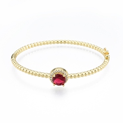 Red Cubic Zirconia Flat Round Hinged Bangle, Real 18K Gold Plated Brass Jewelry for Women, Red, Inner Diameter: 2x2-3/8 inch (5x5.9cm)