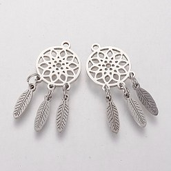 Stainless Steel Color 304 Stainless Steel Pendants, Woven Net/Web with Feather, Stainless Steel Color, 31x14x1mm, Hole: 1.5mm